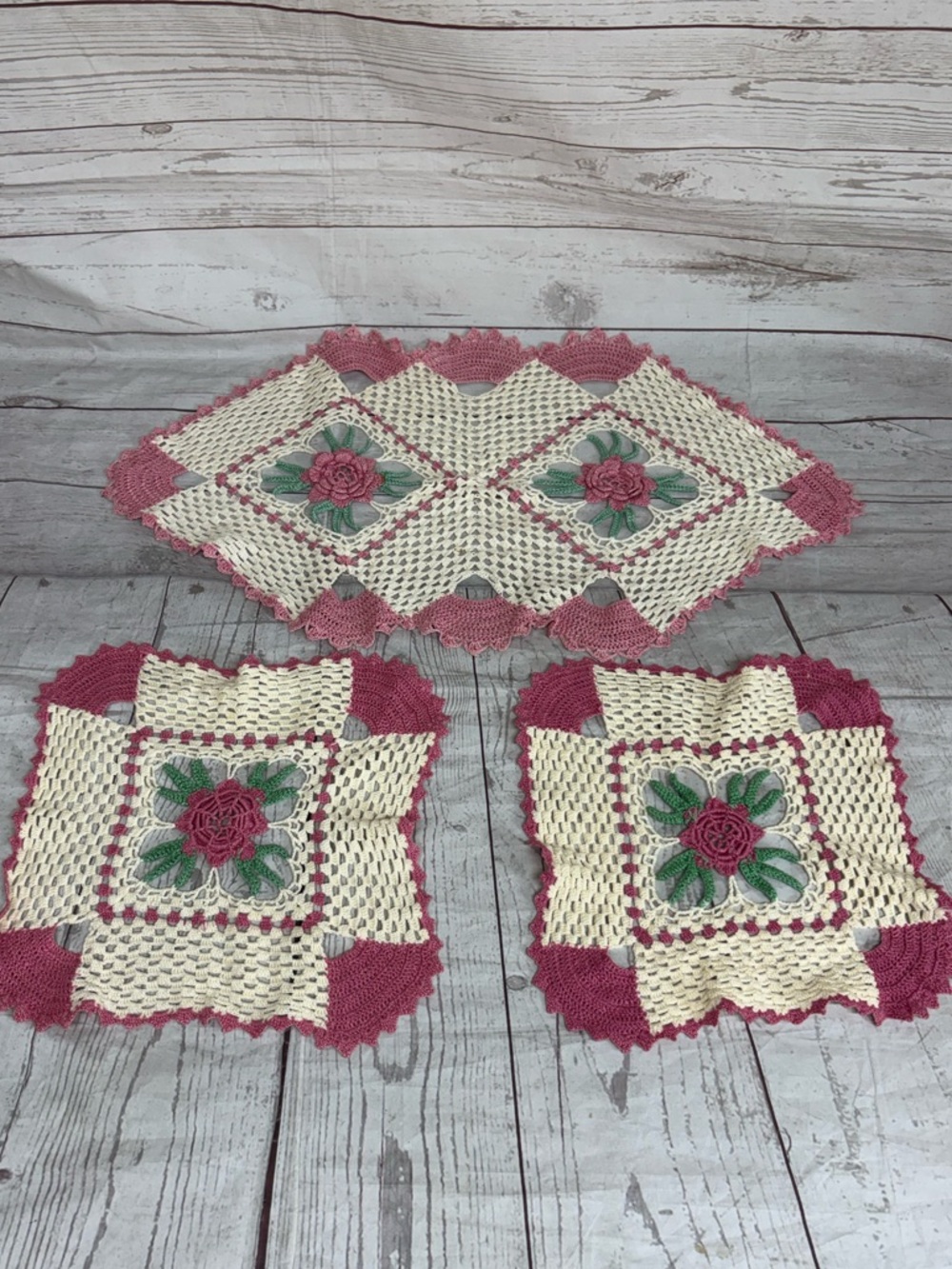 3 Vintage Handmade Crochet Doily Table Runner Pink Green and White 3D Floral